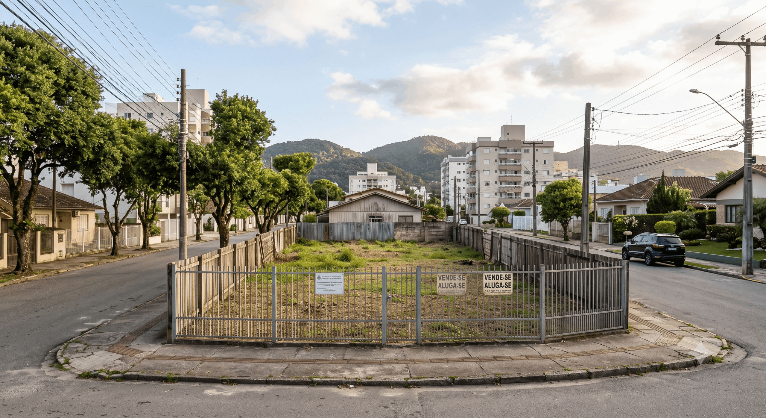 Uma fotografia de uma esquina de rua no bairro Santa Mônica, Florianópolis, No centro, um grande terreno vazio cercado por uma grade de metal e uma cerca de madeira. O terreno é gramado e contém placas com os textos "VENDE-SE" e "ALUGA-SE". Ao redor do terreno, a paisagem urbana comum apresenta uma mistura de casas térreas e edifícios de apartamentos de médio porte. Ruas arborizadas com fiação aérea e postes de luz cercam o local. Ao fundo, as montanhas cobertas de verde são visíveis. Um carro está estacionado em uma das ruas.
