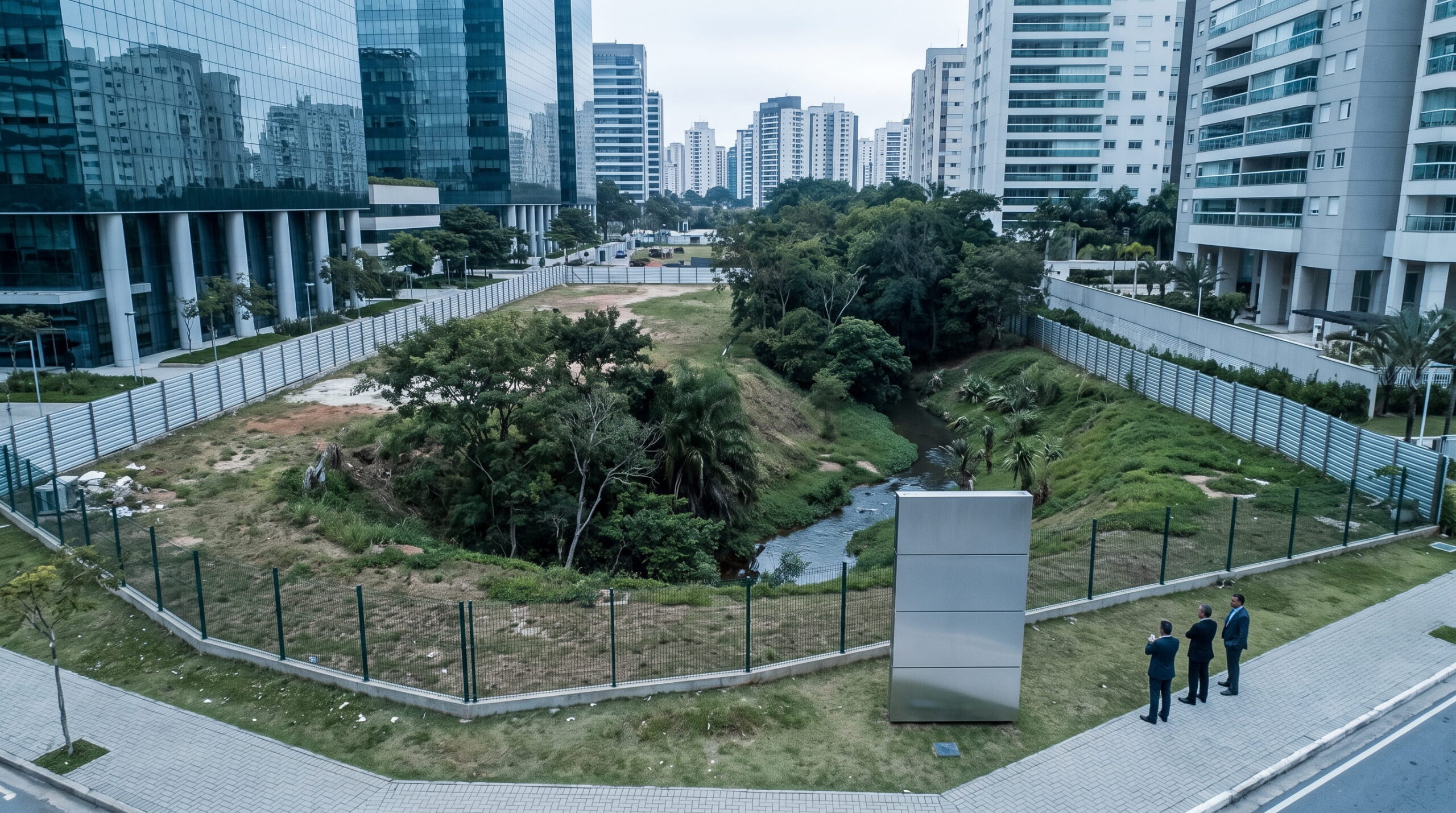 Uma fotografia aérea e realista de um lote urbano em desenvolvimento em uma cidade moderna. O terreno central, cercado por cercas de painéis claros, contém um contraste entre uma área de terra limpa e um adensamento de árvores verdes e um pequeno riacho natural. Ao redor do lote, grandes torres de escritórios e edifícios residenciais modernos de vidro e concreto se erguem contra um céu nublado. No canto inferior direito, um grande totem de sinalização metálico vazio e três homens em ternos escuros estão em pé na calçada, observando a propriedade